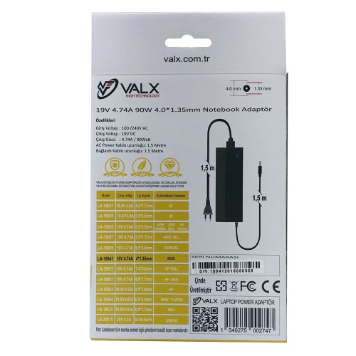 Valx LA-19041 19V 4.74A 90W 4.0×1.35 Laptop Adaptör ASUS LENOVA